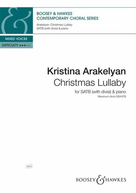 „Kristina Arakelyan: Christmas Lullaby“, für SATB & Klavier, maximal SSAATB. Logo oben links, schlichtes Design.