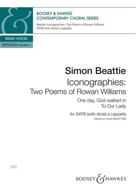 Text: "Simon Beattie, Iconographies: Two Poems of Rowan Williams, SATB a cappella, Schwierigkeit: *****. Logo oben links."