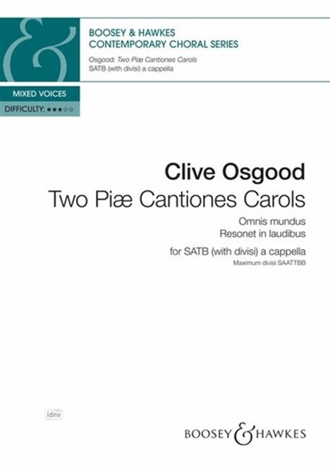 Clive Osgood, Two Piæ Cantiones Carols, für SATB a cappella. Schwierigkeiten: 4/5. Boosey & Hawkes Logo oben links.
