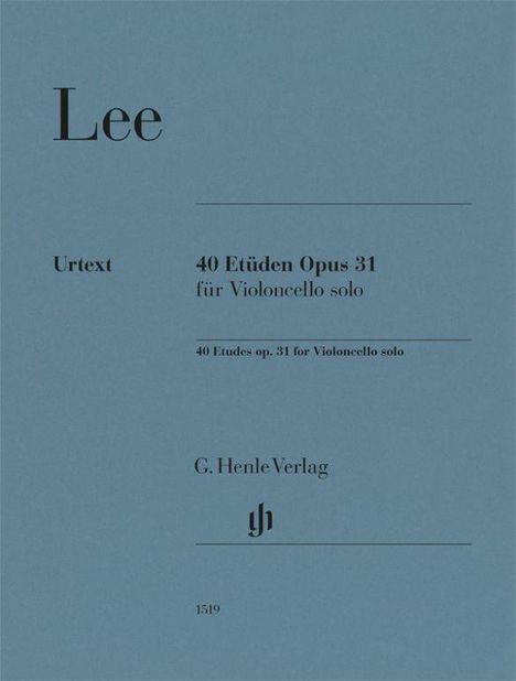 "Lee, Urtext, 40 Etüden Opus 31 für Violoncello solo, G. Henle Verlag, 1519", blauer Hintergrund, Verlag-Logo.