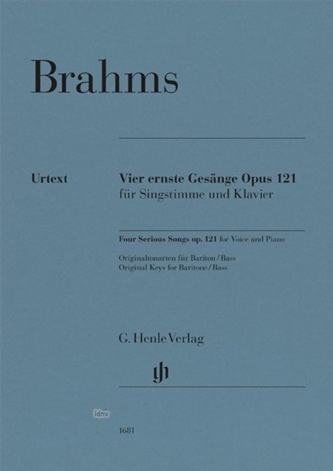 "Brahms, Vier ernste Gesänge Opus 121. G. Henle Verlag. Blauer Hintergrund, klassisches Notenheftdesign."