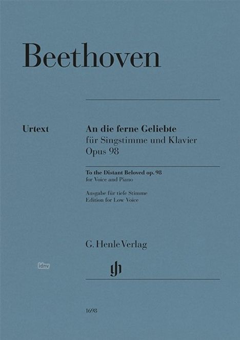Blauer Buchumschlag mit "Beethoven", Titel "An die ferne Geliebte", Opus 98, G. Henle Verlag. Edition für tiefe Stimme.