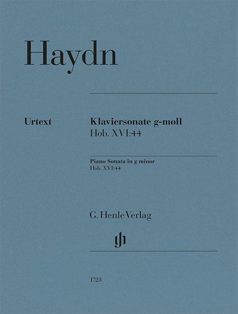 Auf blaugrauem Hintergrund steht: "Haydn, Klaviersonate g-moll Hob. XVI:44, G. Henle Verlag". Logo unten.
