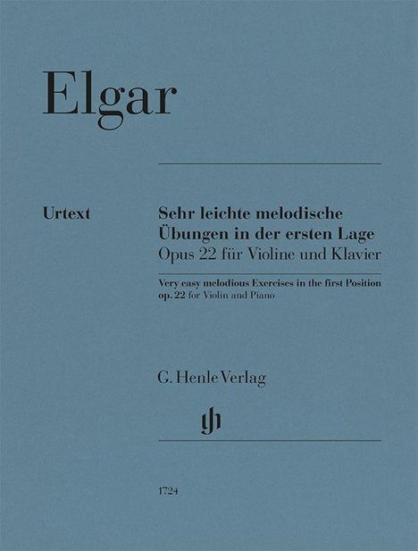 "Elgar, Sehr leichte melodische Übungen Opus 22 für Violine und Klavier, G. Henle Verlag." Grauer Hintergrund, minimalistisches Design.