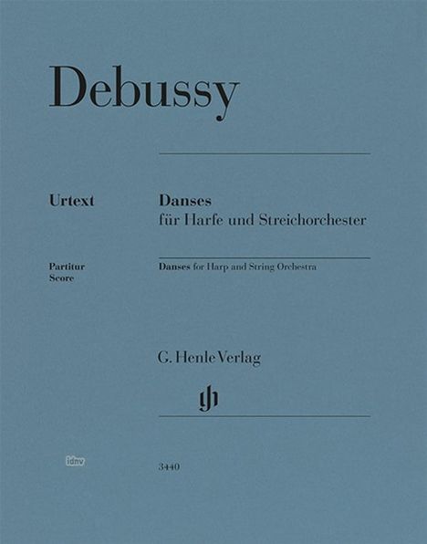 Debussy, Danse für Harfe und Streichorchester, Urtext von G. Henle Verlag, Partitur. Blaues Cover mit schlichtem Design.