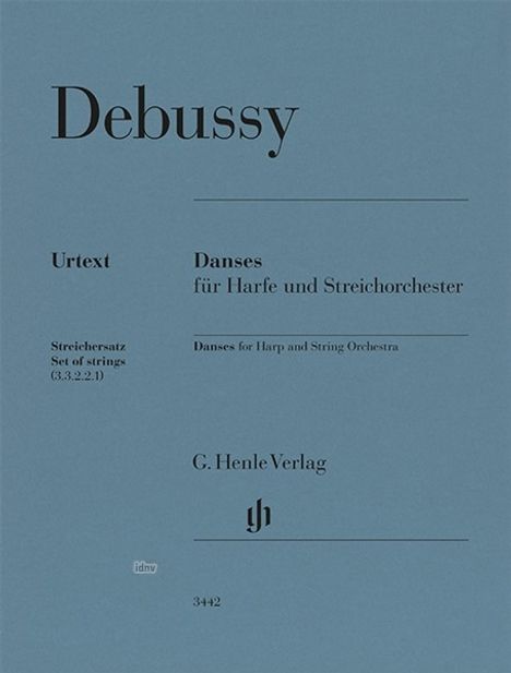 "Debussy, Urtext, Danses für Harfe und Streichorchester, G. Henle Verlag." Blaues Cover, Verlag-Logo unten.