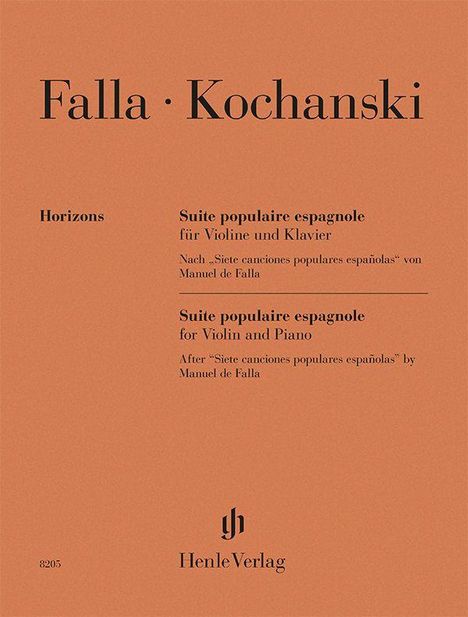 Text: Falla · Kochanski. Suite populaire espagnole für Violine und Klavier. Henle Verlag. Hintergrund: orange.