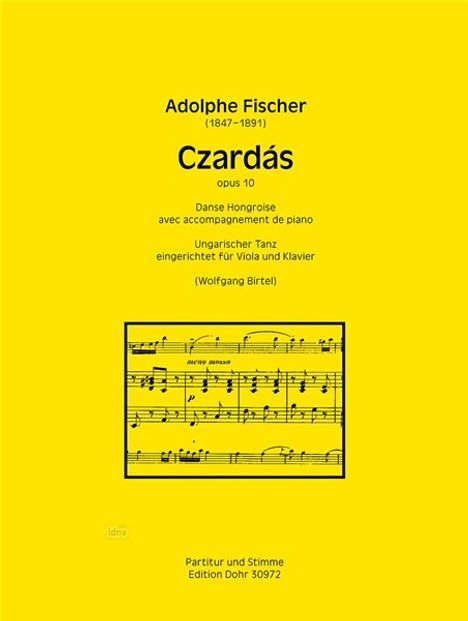 Adolphe Fischer, Czardás, opus 10, Tanz für Viola und Klavier. Gelber Hintergrund, Notenblattausschnitt.