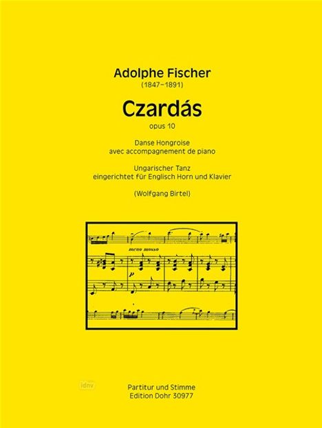 Adolphe Fischer, Czardás, opus 10, ungarischer Tanz für Englisch Horn und Klavier, von Wolfgang Birtel. Gelber Hintergrund.