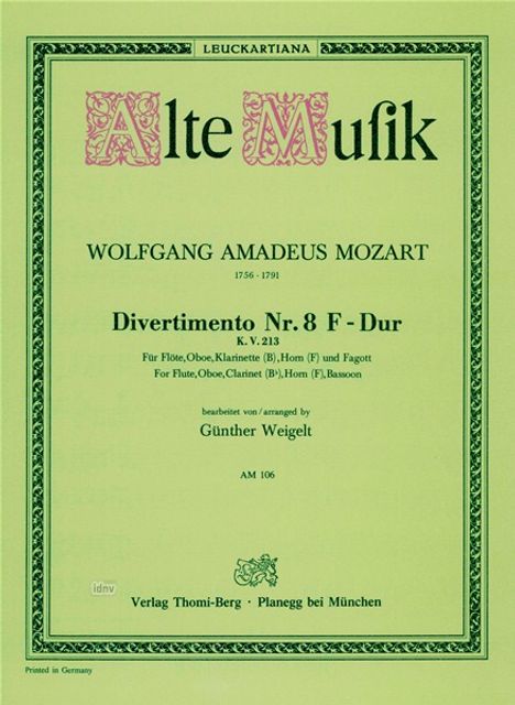 Wolfgang Amadeus Mozart: Divertimento Nr. 8 F-Dur KV 21, Noten