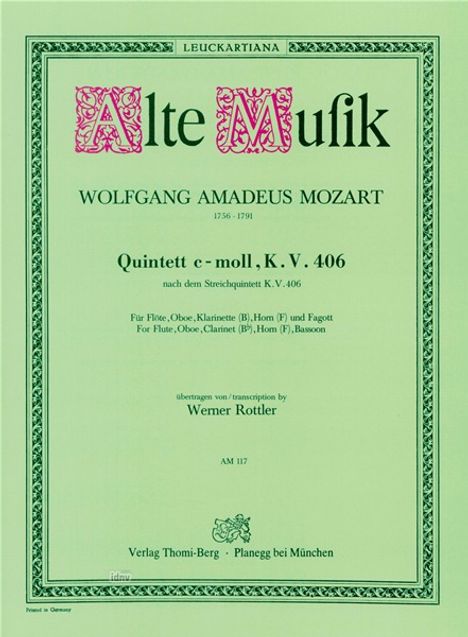 Wolfgang Amadeus Mozart: Quintett c-moll KV 406, Noten