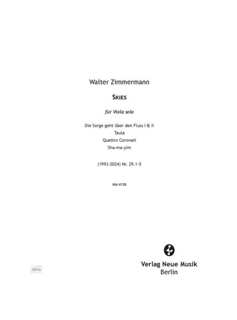 "Skies" von Walter Zimmermann für Viola solo, Verlag Neue Musik Berlin, mit Werknummer NM 4158 unten.