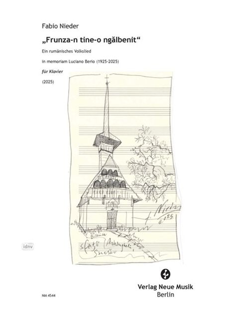 "Frunza-n tine-o ngâlbenit", rumänisches Volkslied für Klavier von Fabio Nieder. Verlag Neue Musik Berlin. Skizze einer Kirche.