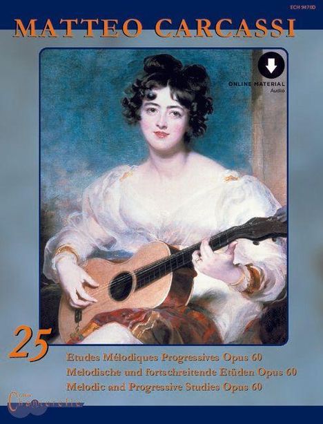 MATTEO CARCASSI, 25, Etudes Mélodiques Progressives Opus 60. Frau mit dunklem Haar spielt Gitarre, weiches Licht, blauer Hintergrund.
