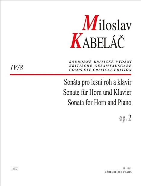 "Miloslav Kabeláč", "Sonate für Horn und Klavier", "op. 2". Schlichte, klare Gestaltung mit roten und schwarzen Texten.