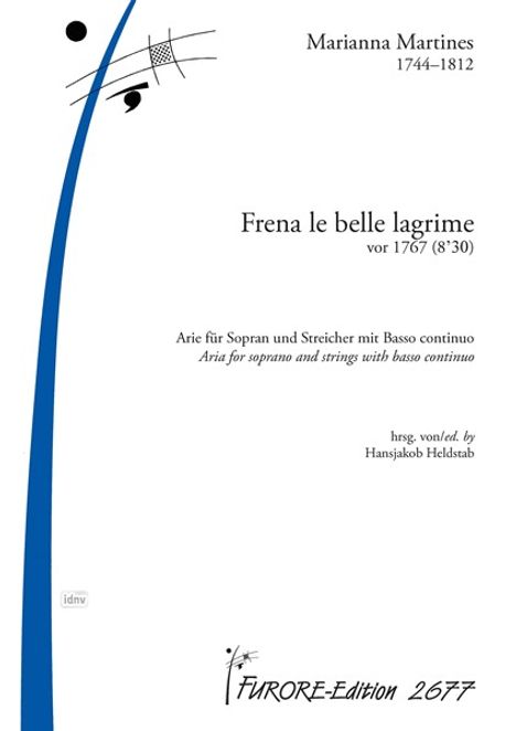 Titel: "Frena le belle lagrime", Arie für Sopran und Streicher. Herausgeber: Hansjakob Heldstab. Links blaue Verzierung.