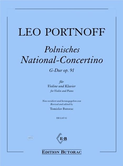 Blaues Cover mit Text: "Leo Portnoff, Polnisches National-Concertino, G-Dur op. 91, für Violine und Klavier, Tomislav Butorac."