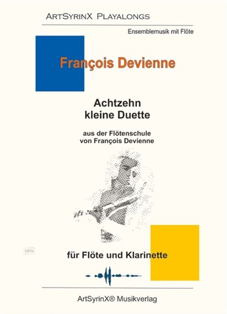 "François Devienne. Achtzehn kleine Duette für Flöte und Klarinette." Illustration eines Musikers mit Flöte.