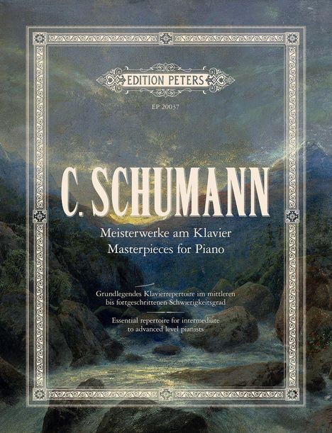„C. Schumann Meisterwerke am Klavier“ in verziertem Rahmen, mit Landschaftsbild im Hintergrund.
