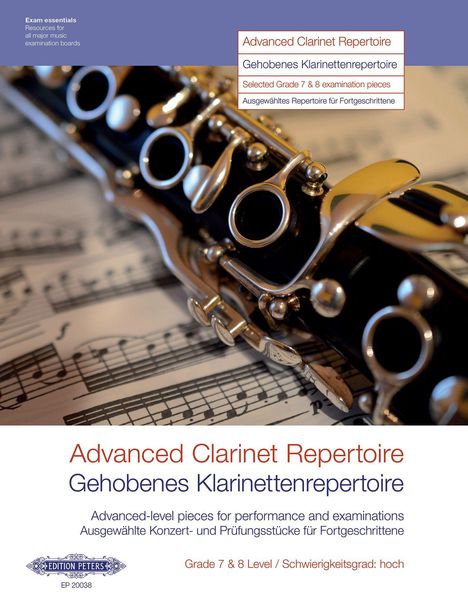 Text: "Advanced Clarinet Repertoire. Gehobenes Klarinettenrepertoire. Ausgewählte Konzert- und Prüfungsstücke für Fortgeschrittene." Nahaufnahme einer Klarinette auf Noten.