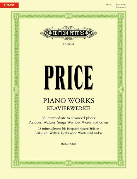 Text: "PRICE PIANO WORKS KLAVIERWERKE." Beschreibung: Klassische, ornamentierte Titelseite einer Notensammlung.