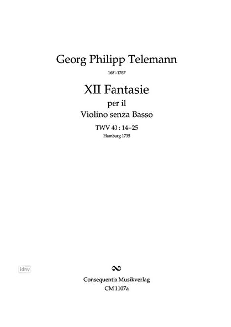 Georg Philipp Telemann: 12 Fantasien für Violine solo TWV 40:14-25, Noten
