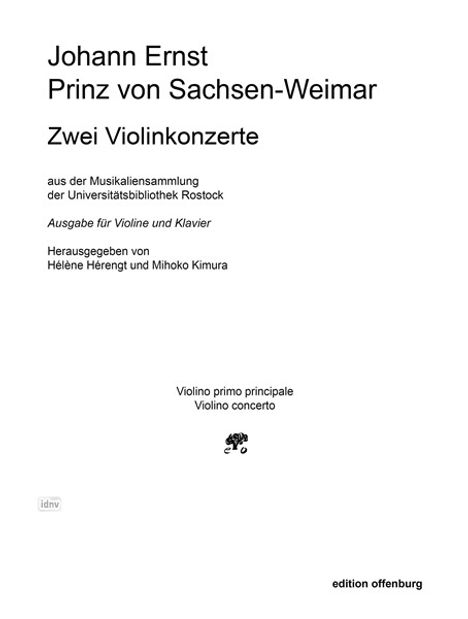 Johann Ernst Prinz von Sachsen-Weimar: Zwei Violinkonzerte, nach dem Rostocker Manuskript, Noten