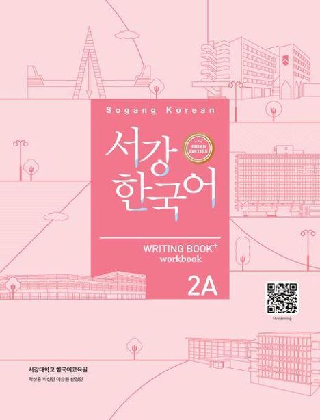 Text: "Sogang Korean", "서강 한국어", "Writing Book", "Workbook", "2A", QR-Code. Rosa Hintergrund, Gebäude-Illustrationen.