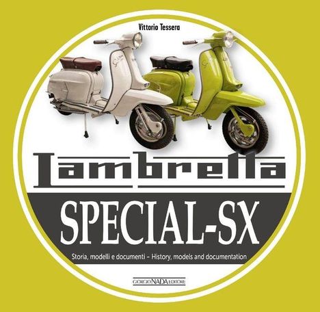 Text: "Lambretta SPECIAL-SX" und "Vittorio Tessera". Zwei Roller, einer weiß, einer grün, vor gelbem Hintergrund.