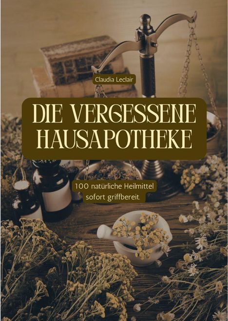Buchtitel: "Die vergessene Hausapotheke". Untertitel: "100 natürliche Heilmittel sofort griffbereit". Vintage Apothekerwaage.