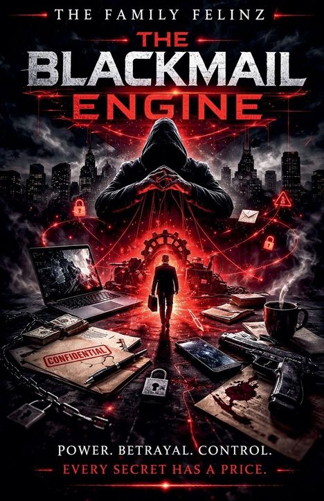 "The Family Felinz. The Blackmail Engine. Power. Betrayal. Control. Every secret has a price." Illustration: Mann im Anzug.