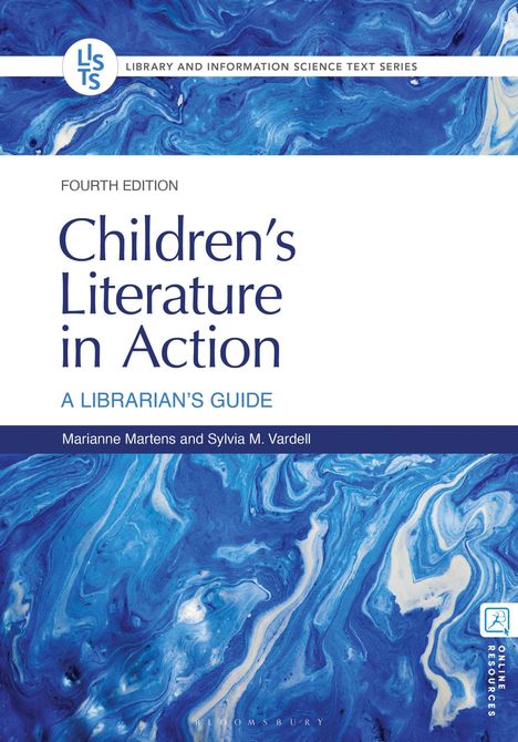 "Children’s Literature in Action: A Librarian’s Guide" ist in großer, blauer Schrift auf einem marmorierten Hintergrund.