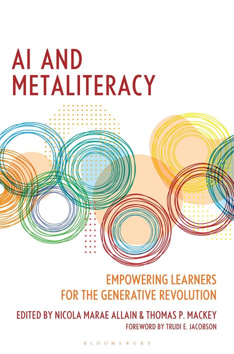 AI AND METALITERACY. Bunte, überlappende Kreise vor weißem Hintergrund. Schrift in Rot und Orange.