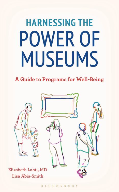 „HARNESSING THE POWER OF MUSEUMS. A Guide to Programs for Well-Being“. Illustrationen von Menschen vor einem leeren Rahmen.