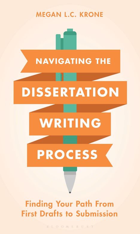 Titel: Navigating the Dissertation Writing Process. Ein Stift mit orangen Bändern umwickelt.