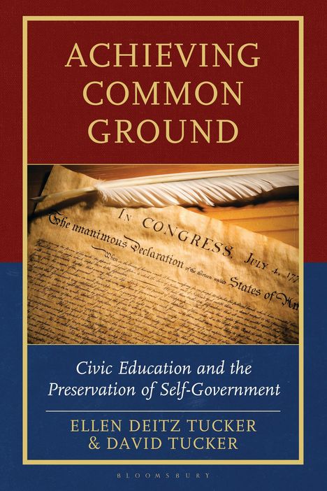"ACHIEVING COMMON GROUND" in Gelb auf rotem Hintergrund, darunter ein antikes Dokument mit Feder. Autorennamen unten.
