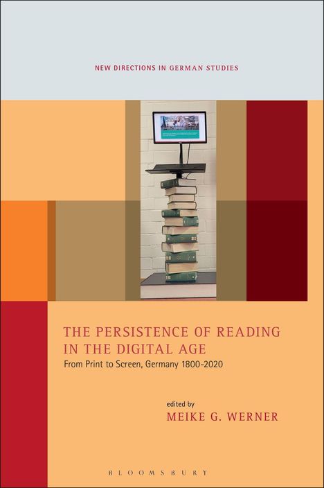 Oben steht "NEW DIRECTIONS IN GERMAN STUDIES". Ein Stapel Bücher stützt einen Monitor.