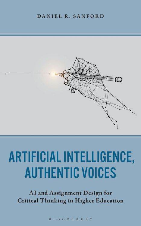 Titel: "Artificial Intelligence, Authentic Voices". Geometrische abstrakte Illustration eines stilisierten Stifts.
