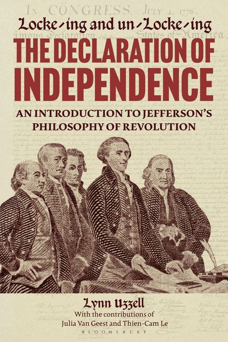 "THE DECLARATION OF INDEPENDENCE" in Rot, darunter historische Figuren in einem klassischen Stil.