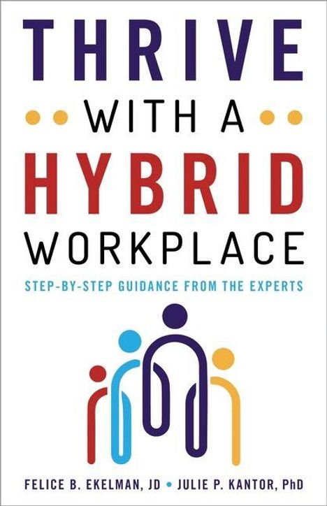 "Thrive with a Hybrid Workplace: Step-by-step guidance from the experts." Abstrakte, bunte Figuren in der Mitte.