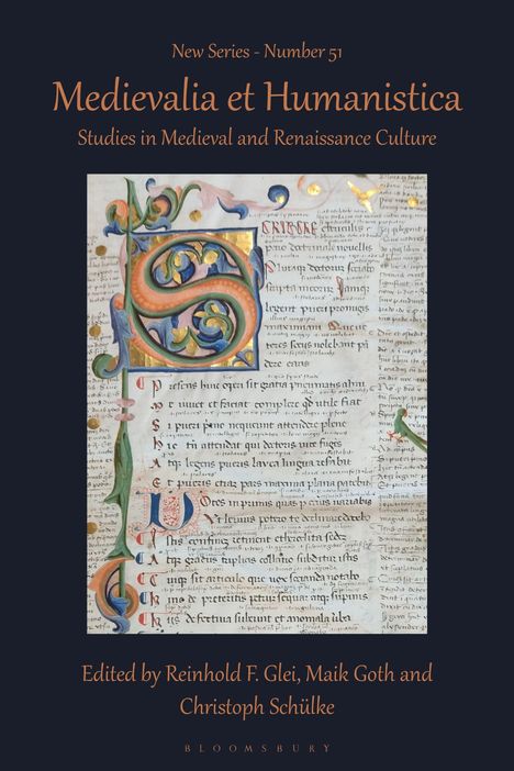 "Medievalia et Humanistica" und "Studies in Medieval and Renaissance Culture" sind zentrale Texte. Dekorative Initialen in einem Manuskript.