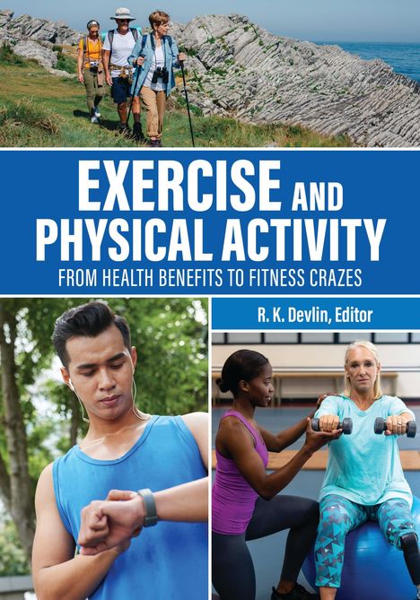Der Text "EXERCISE AND PHYSICAL ACTIVITY" ist prominent. Bilder zeigen Wandern, Laufen und Fitness-Training.
