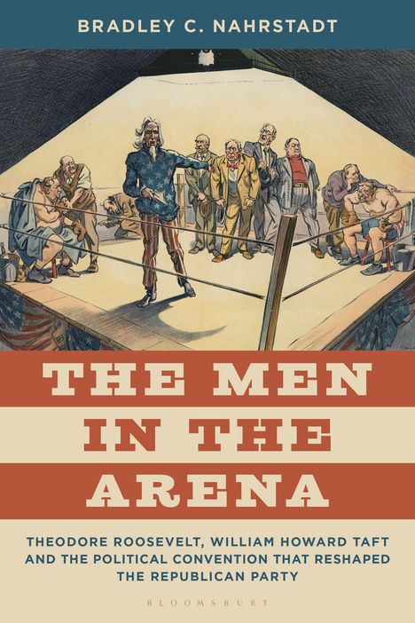 BRALEY C. NAHRSTADT. THE MEN IN THE ARENA. Illustration eines Boxrings mit Männern in Anzügen.
