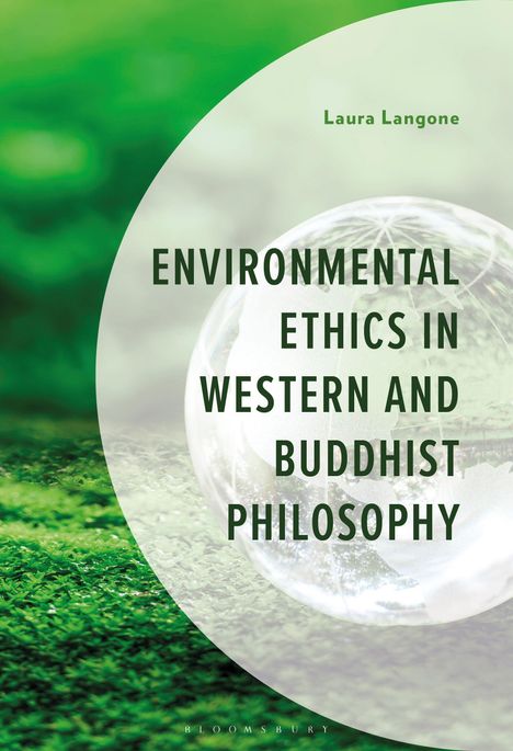 Text: "Laura Langone, Environmental Ethics in Western and Buddhist Philosophy." Hintergrund: Grün mit Glaskugel.