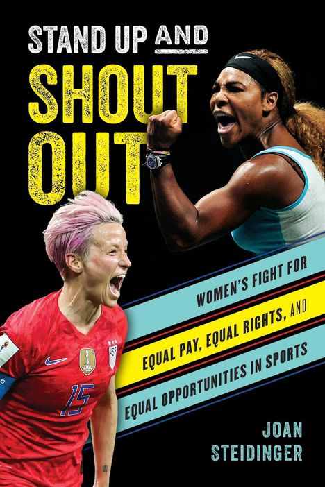 "STAND UP AND SHOUT OUT" in großen Buchstaben. Zwei Athletinnen jubeln kraftvoll auf einer Buchcover-Illustration.