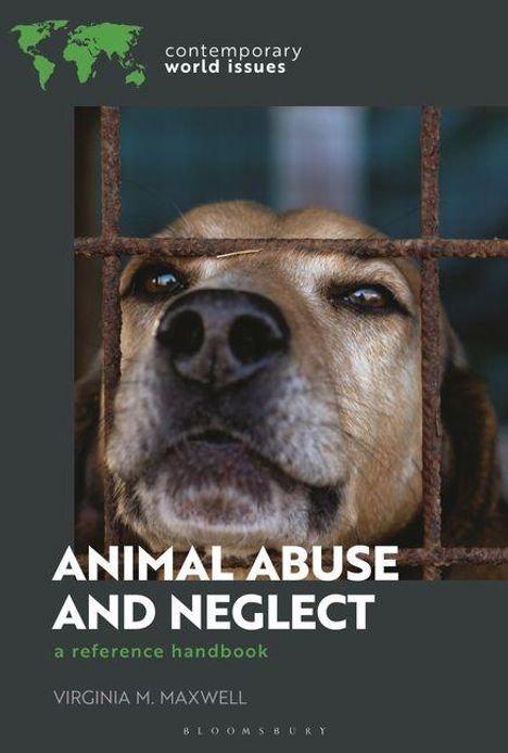 "Animal Abuse and Neglect" steht in großen Buchstaben. Ein trauriger Hund schaut aus einem Käfiggitter heraus.