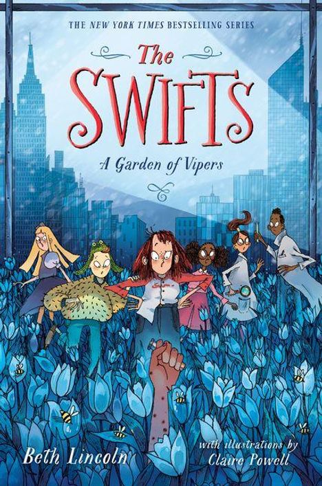 "The Swifts: A Garden of Vipers" von Beth Lincoln. Sechs Figuren stehen in einem blauen Blumenfeld vor einer Stadtlandschaft.