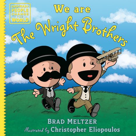 "We are The Wright Brothers" steht groß oben, darunter zwei lächelnde Cartoon-Figuren in Anzügen mit einem Modellflugzeug.