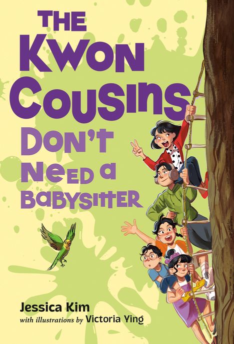"THE KWON COUSINS DON’T NEED A BABYSITTER" in lila Schrift. Eine Illustration von Kindern auf einer Leiter.