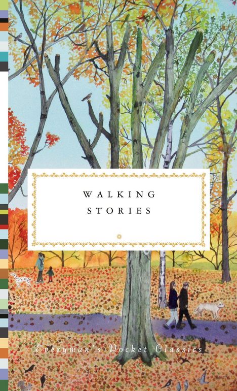 "Walking Stories". Illustration von Bäumen im Herbst, Menschen spazieren mit Hunden auf Laub bedecktem Weg.